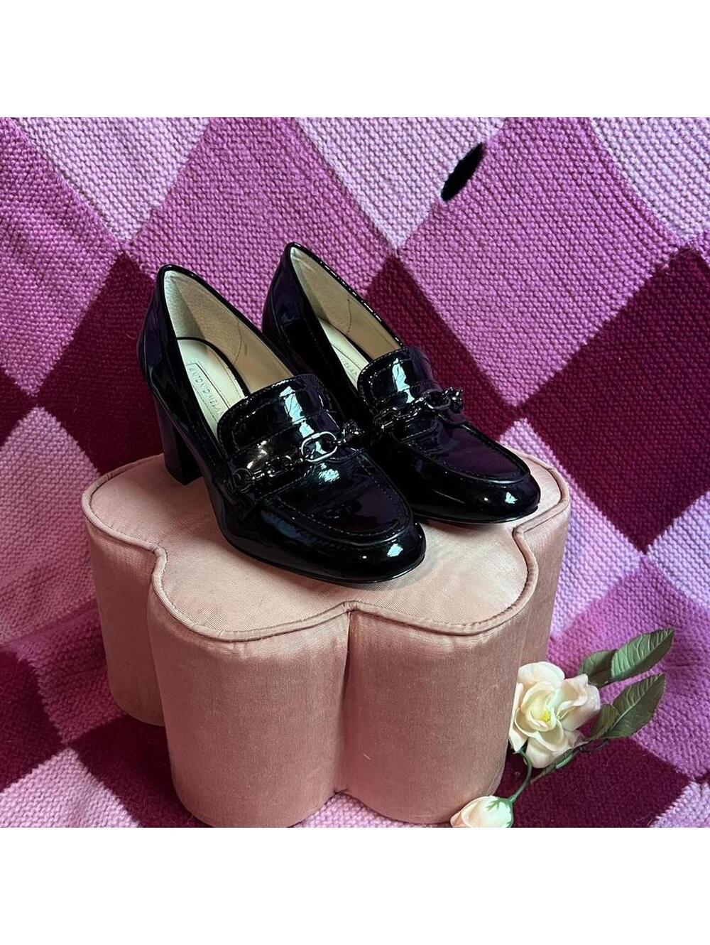 Black Patent leather loafer block heels